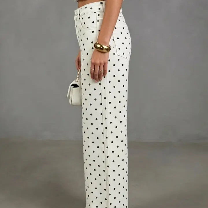 Women's Polka Dot High Waist Wide Leg Washed Denim Jean
