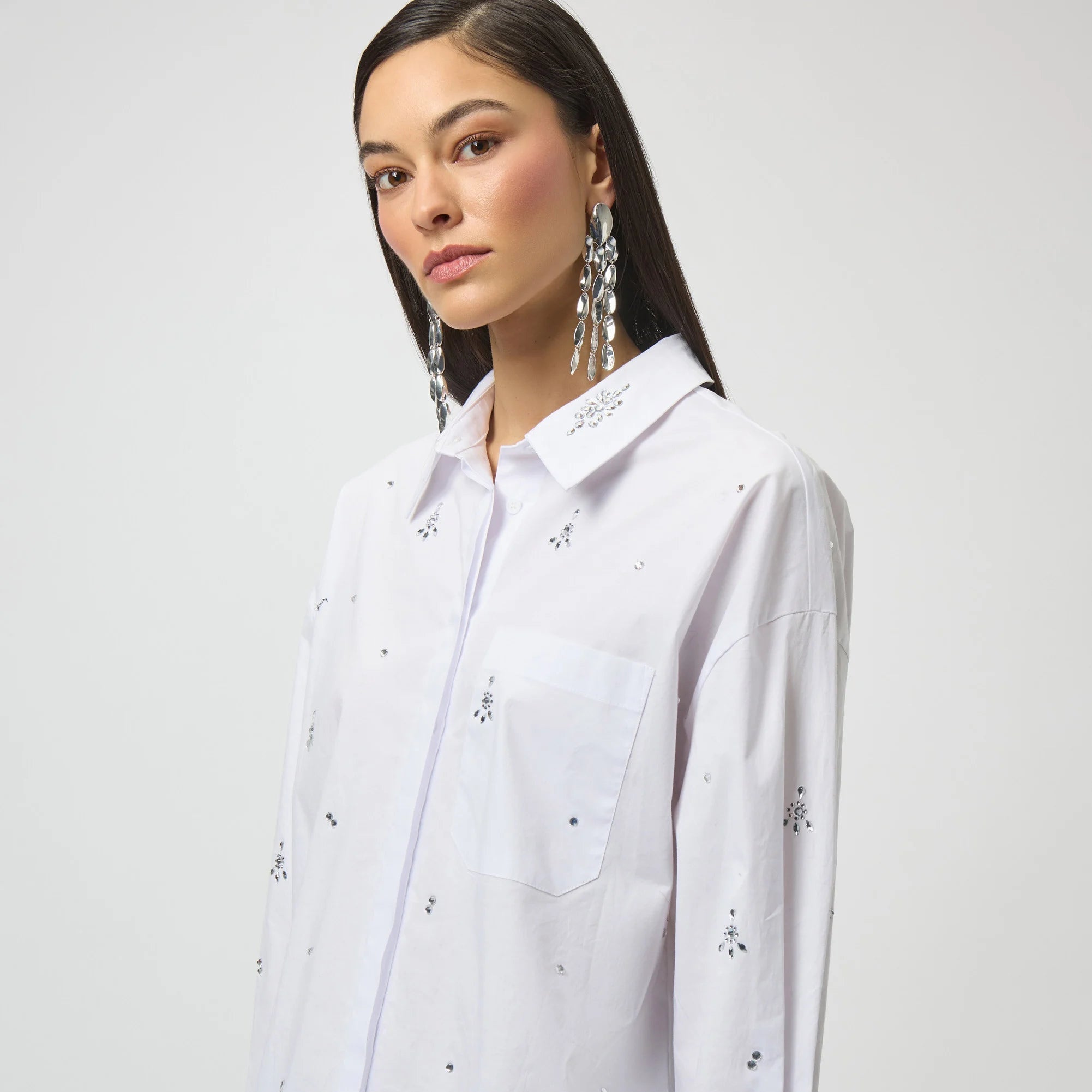 Stretch poplin boxy blouse with Rhinestones by Jospeh Ribkoff