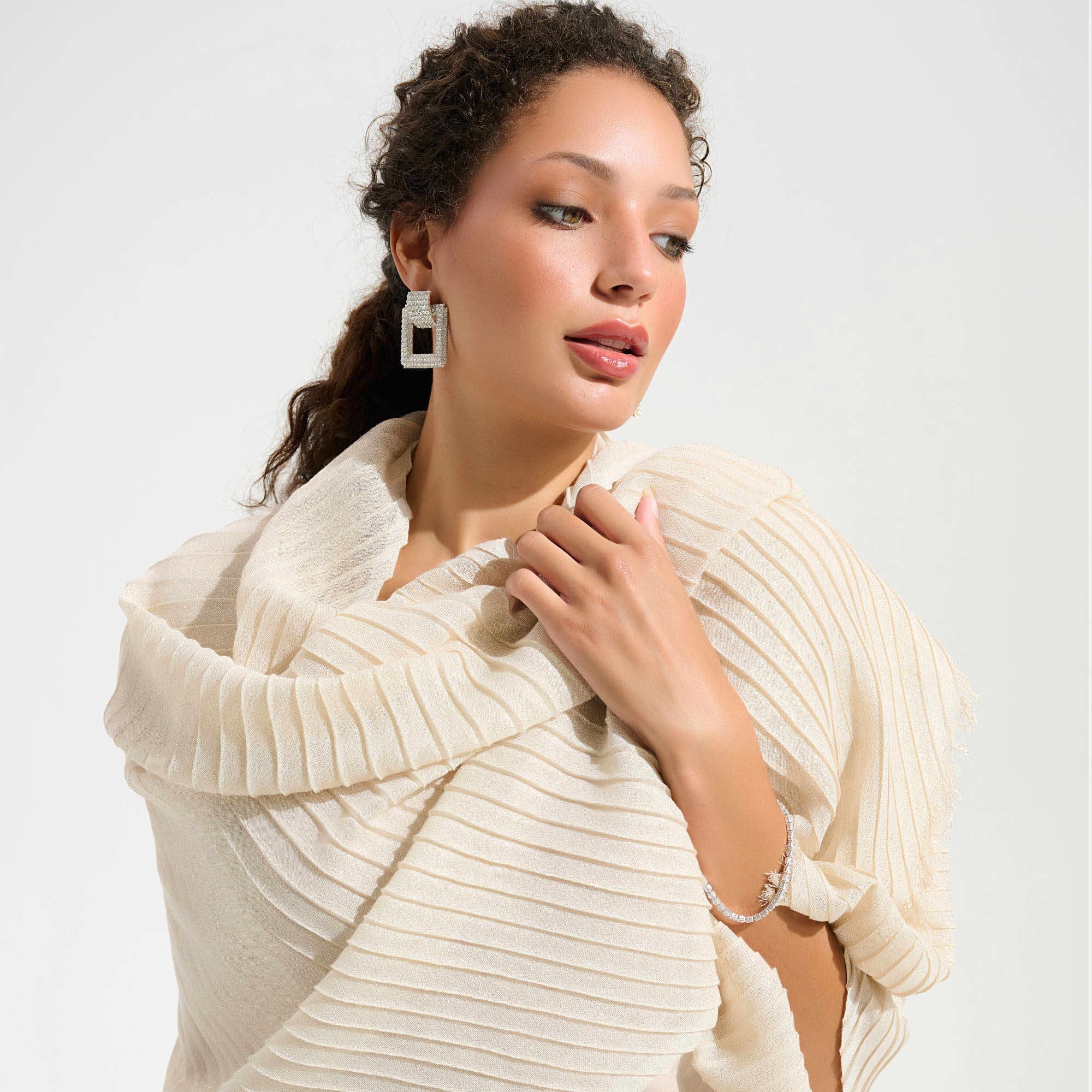 Woven Pleated Rectangular Scarf by Joseph Ribkoff - Champagne