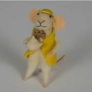 Felt Mouse with A Yellow Jacket and A Teapot by Originals International