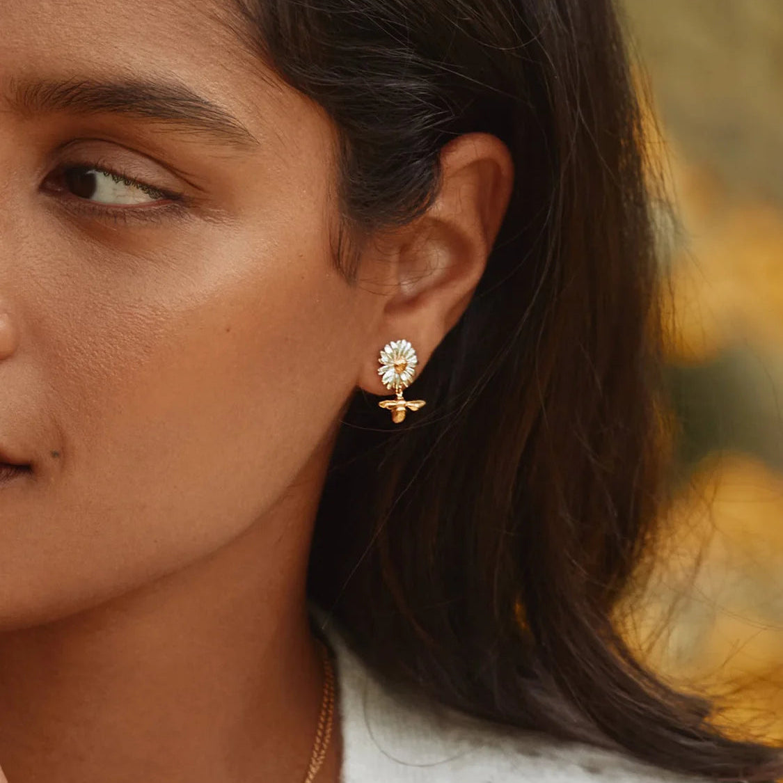 Daisy Stud Earrings with Teeny Tiny Bee Drops by Alex Monroe