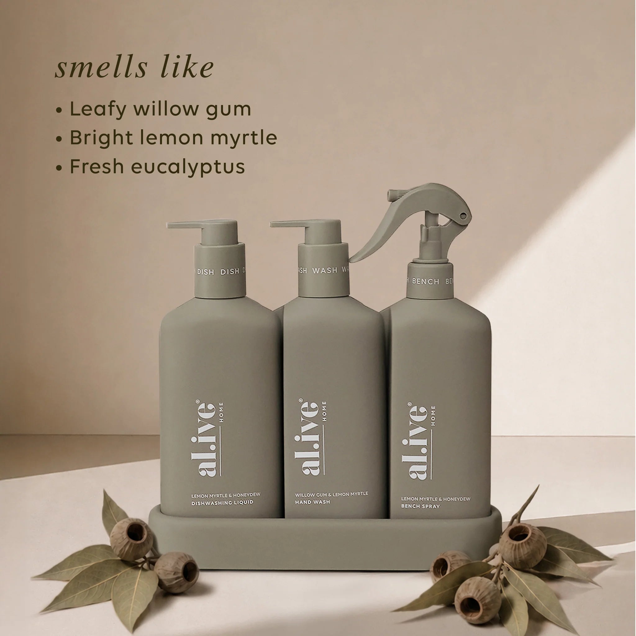 Kitchen trio Dish Wash, Hand Wash and Bench Spray Willow Gum & Lemon Myrtle by Al.ive