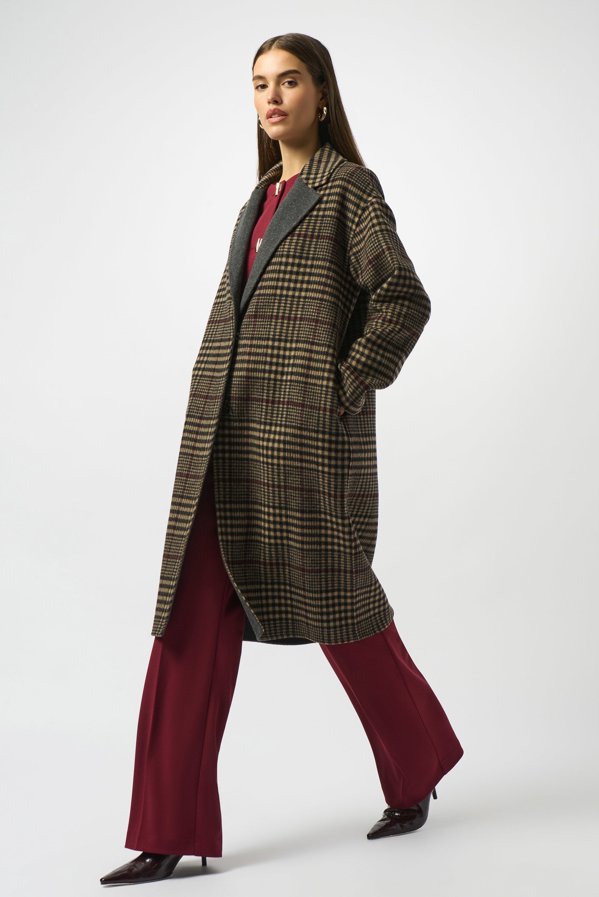 Wool Blend Plaid Coat by Joseph Ribkoff - Camel/Multi