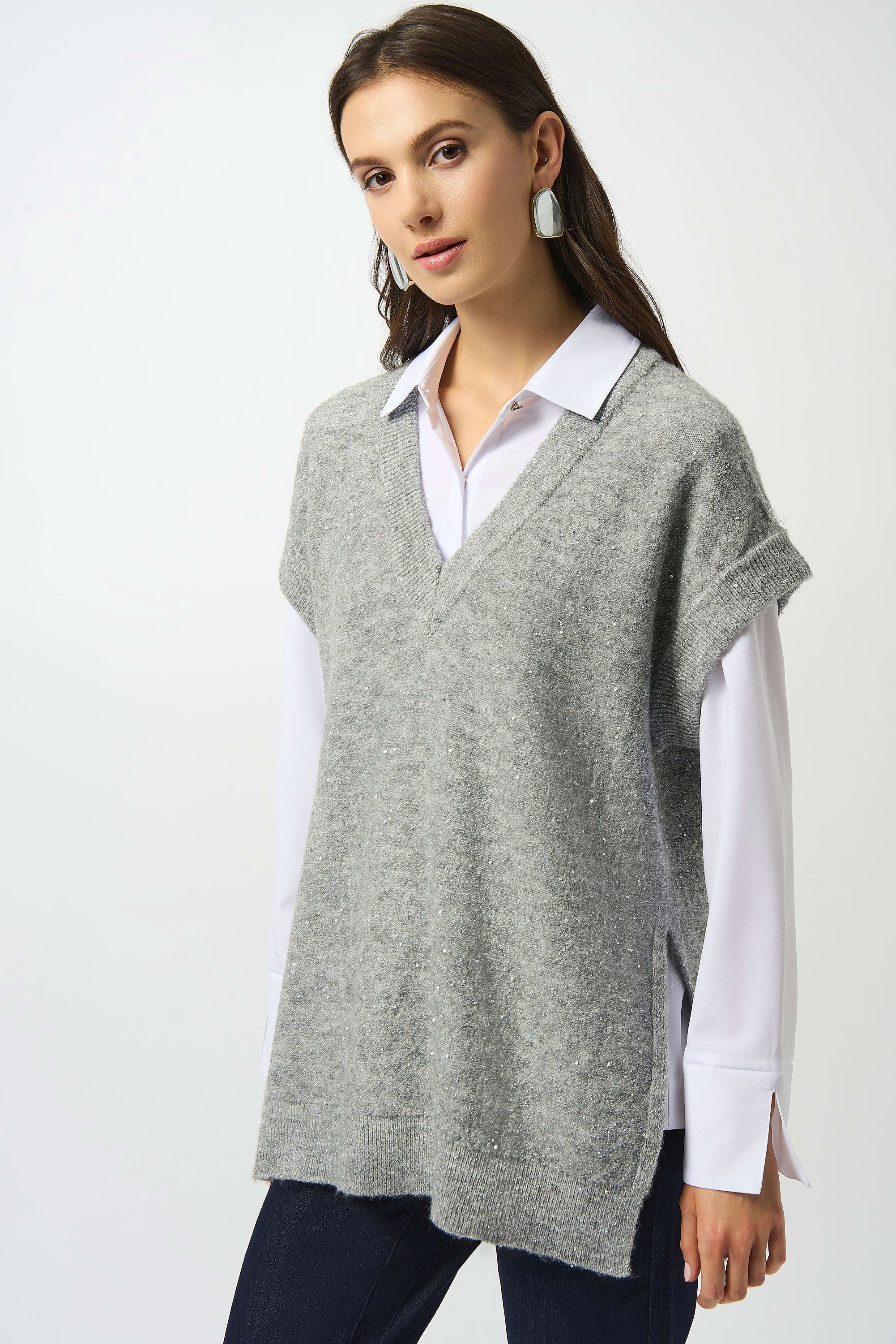 Sweater Knit Sleeveless Tunic w/ Sequins by Joseph Ribkoff - Grey
