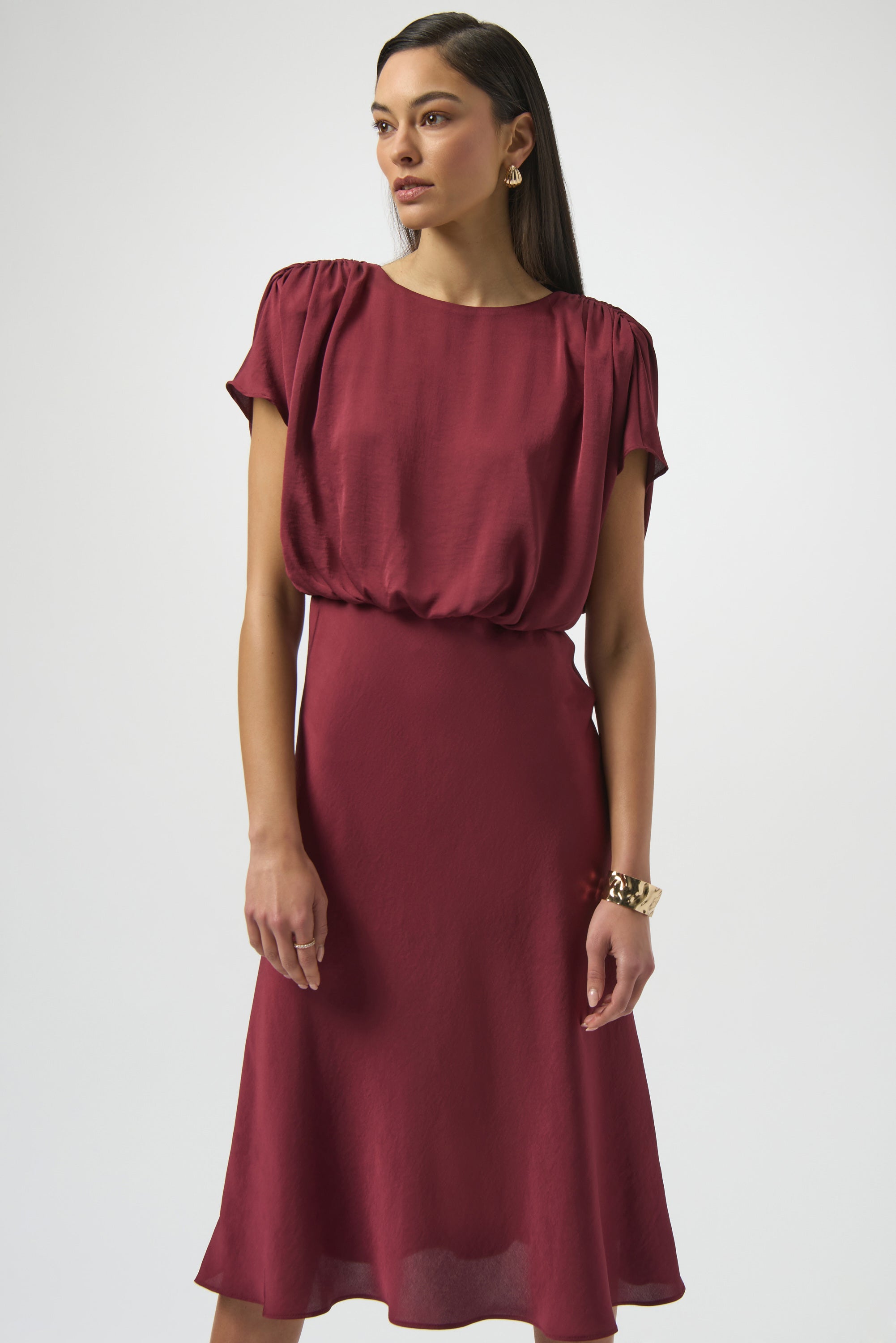 Recycled Satin Blouson A-Line Dress by Joseph Ribkoff - Merlot