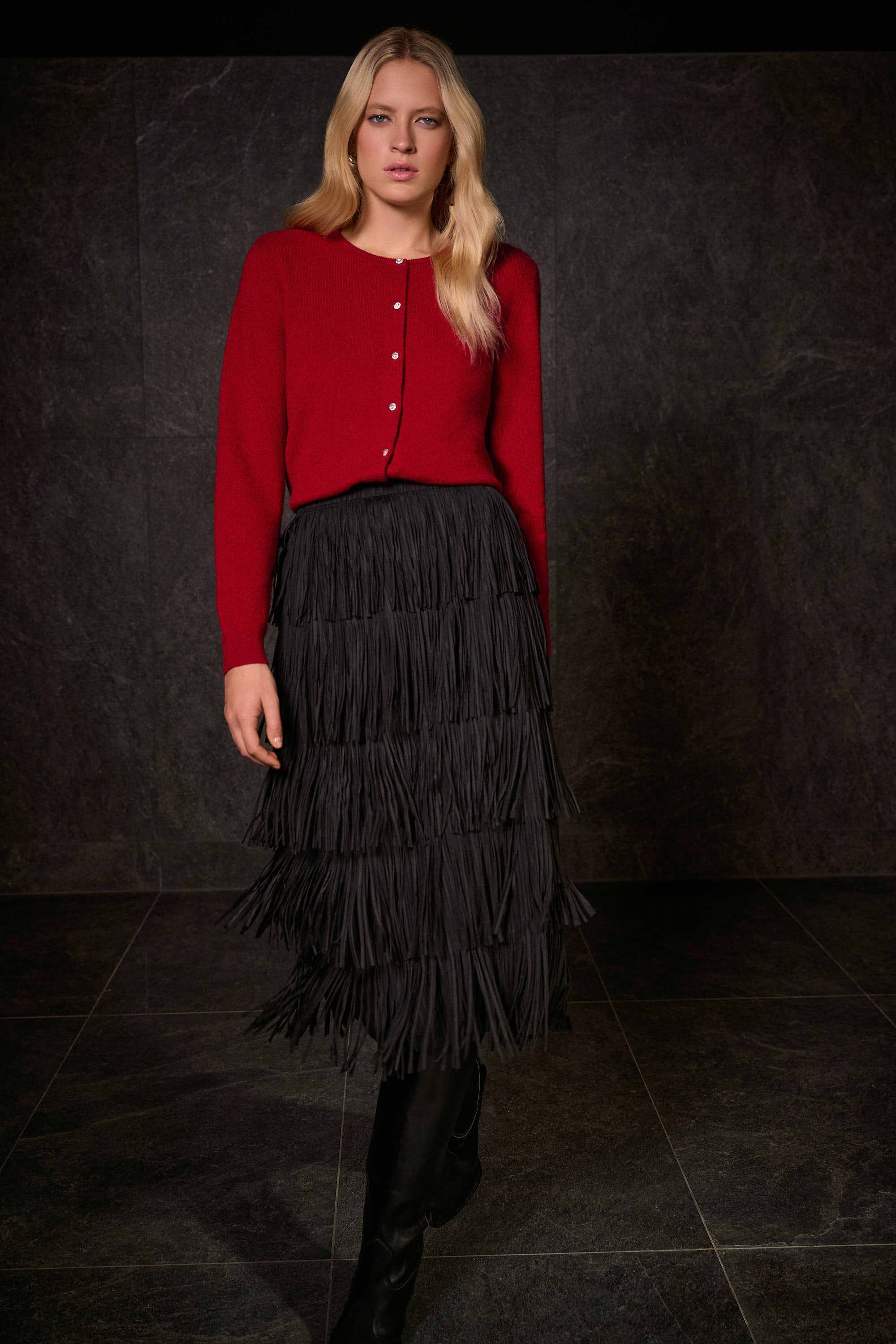 Pleated Pencil Skirt w/Tiered Fringes by Joseph Ribkoff - Black