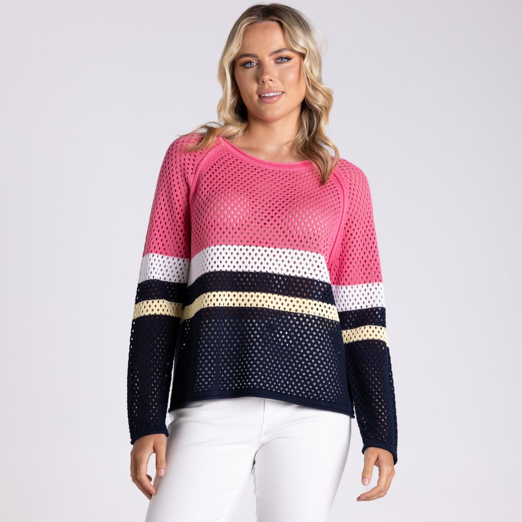 Pointelle Spliced Sweater by Two-T's - Flamingo Combo