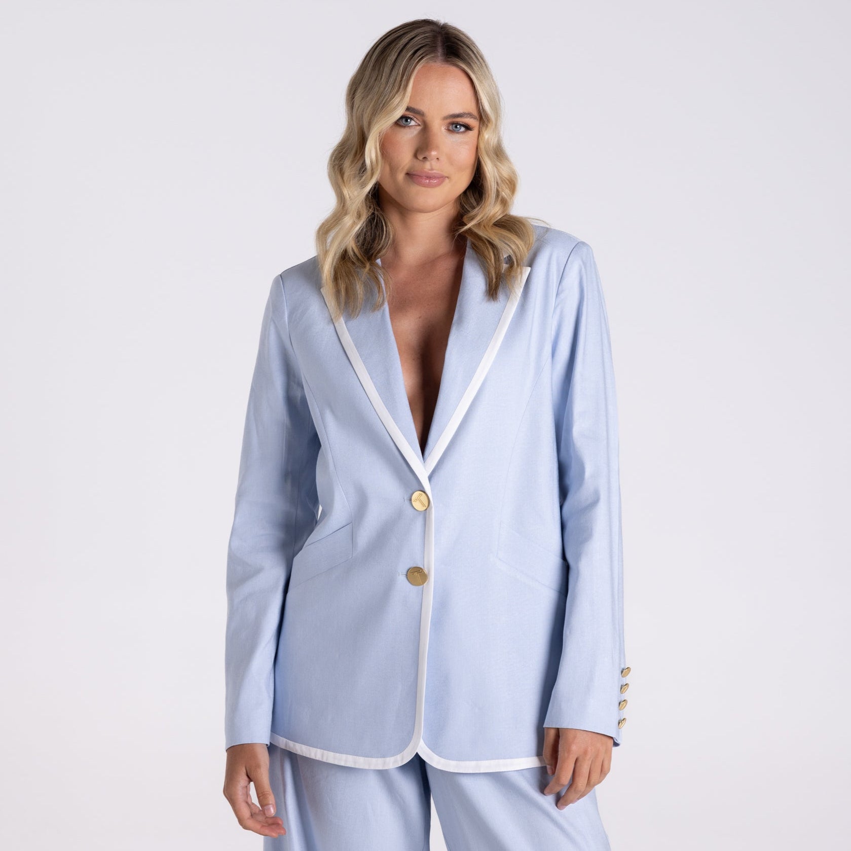 Linen Viscose Blazer by Two-T's - Ice Blue/White Trim