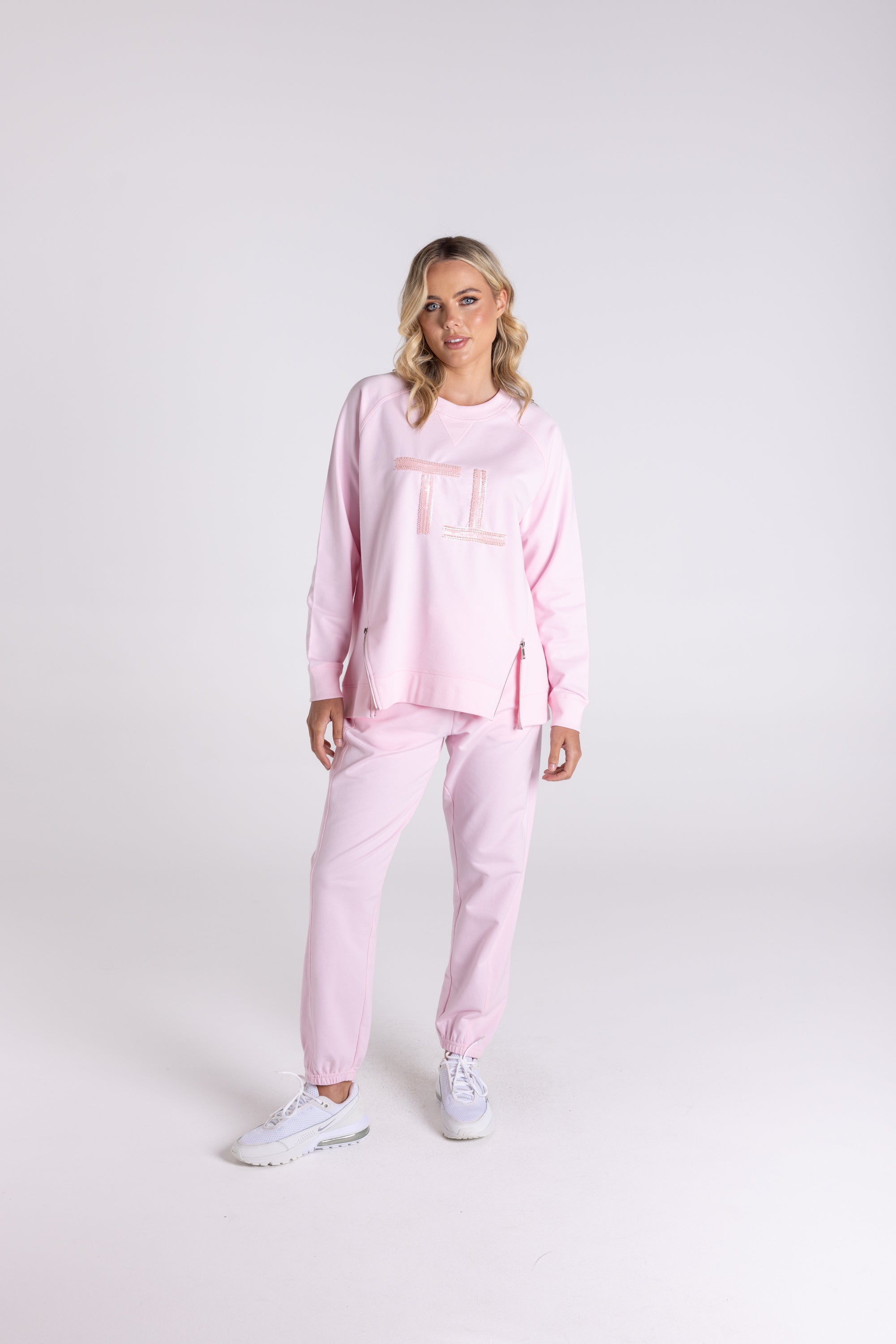 Raglan Sweat w/Beaded Logo by Two-T's - Sand/Pink Beading