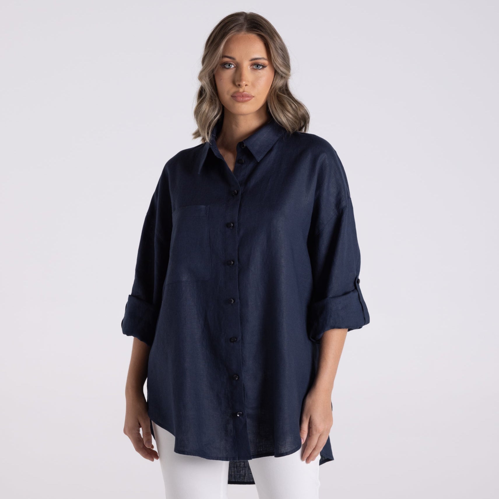 Oversized Linen Shirt by Two-T's - French Navy