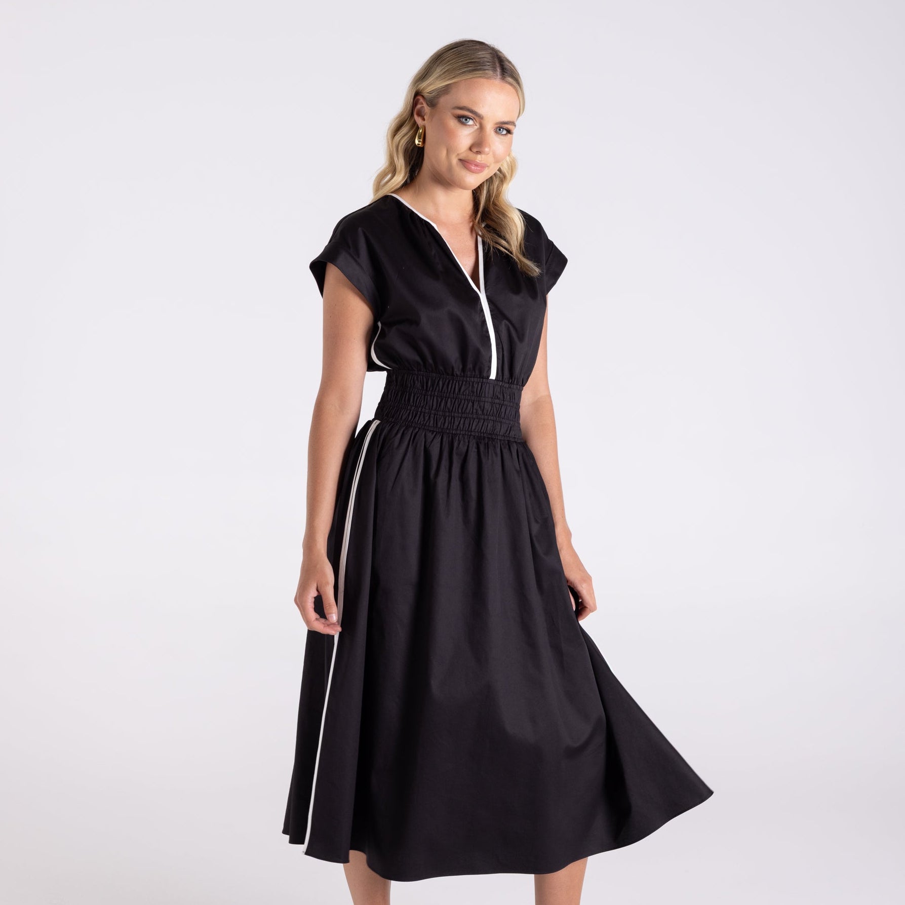 Cotton sherred waist dress by Two-T's - black