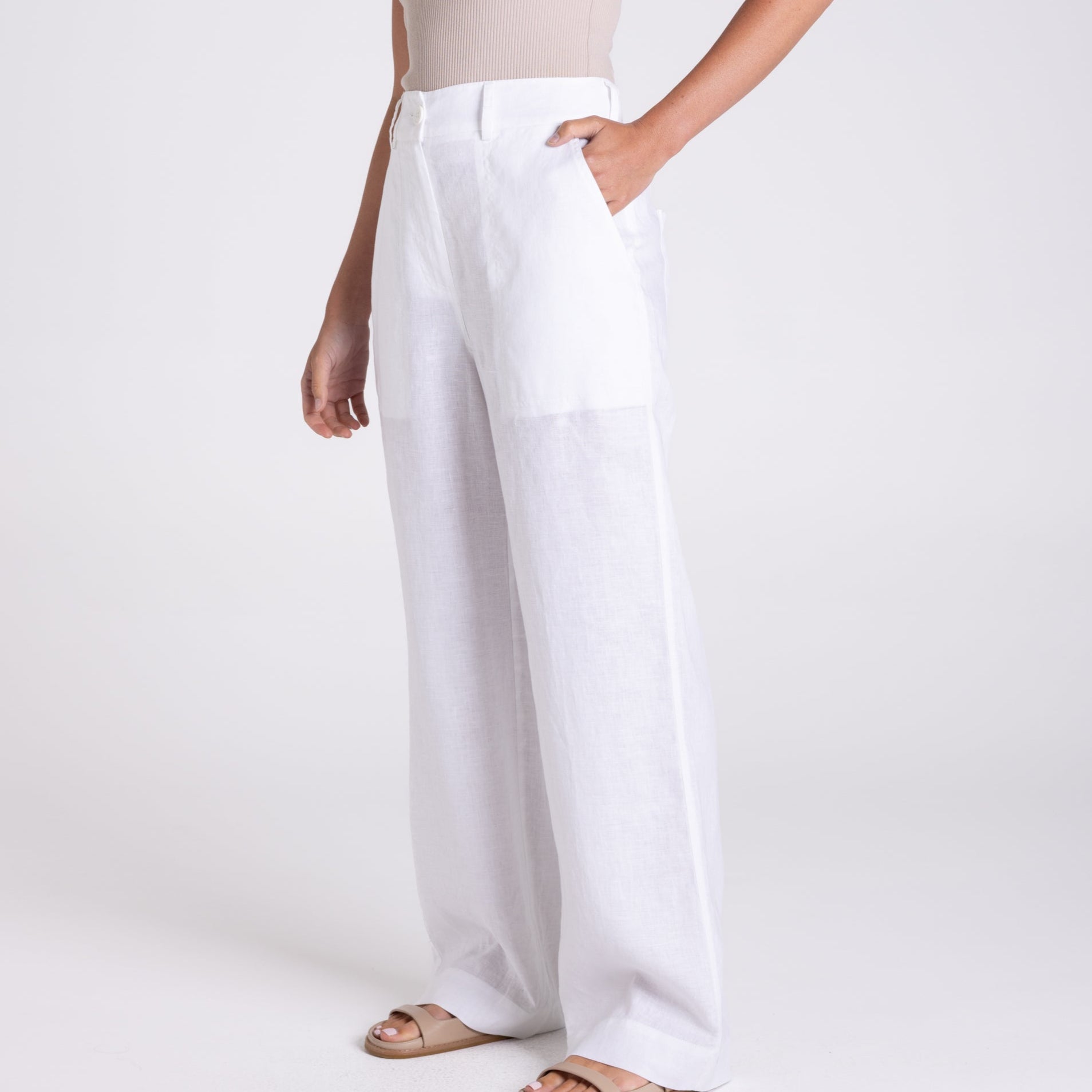 Wide Leg Linen Pant by Two-T's - White
