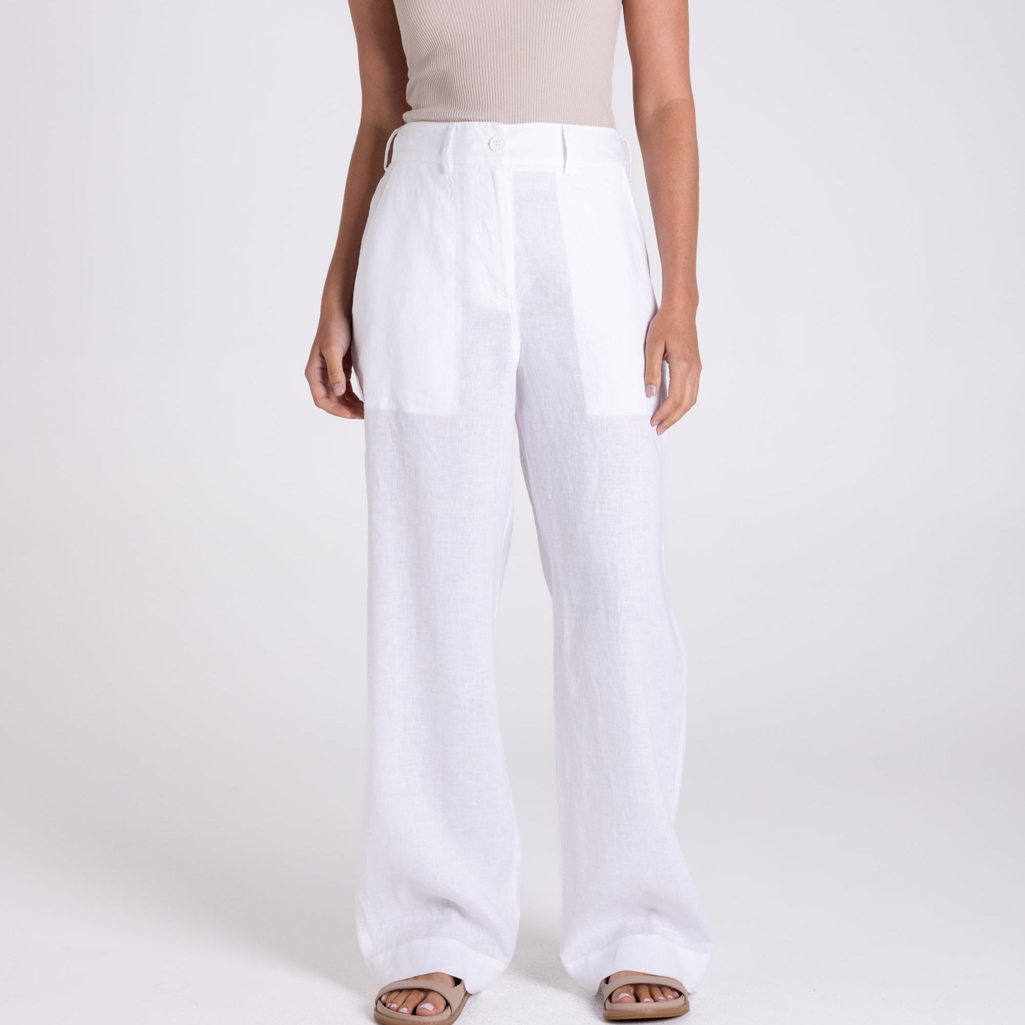 Wide Leg Linen Pant by Two-T's - White