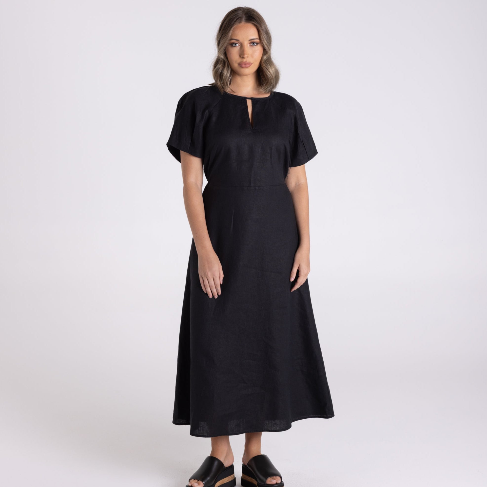 Linen Midi Dress by Two-T's - Black