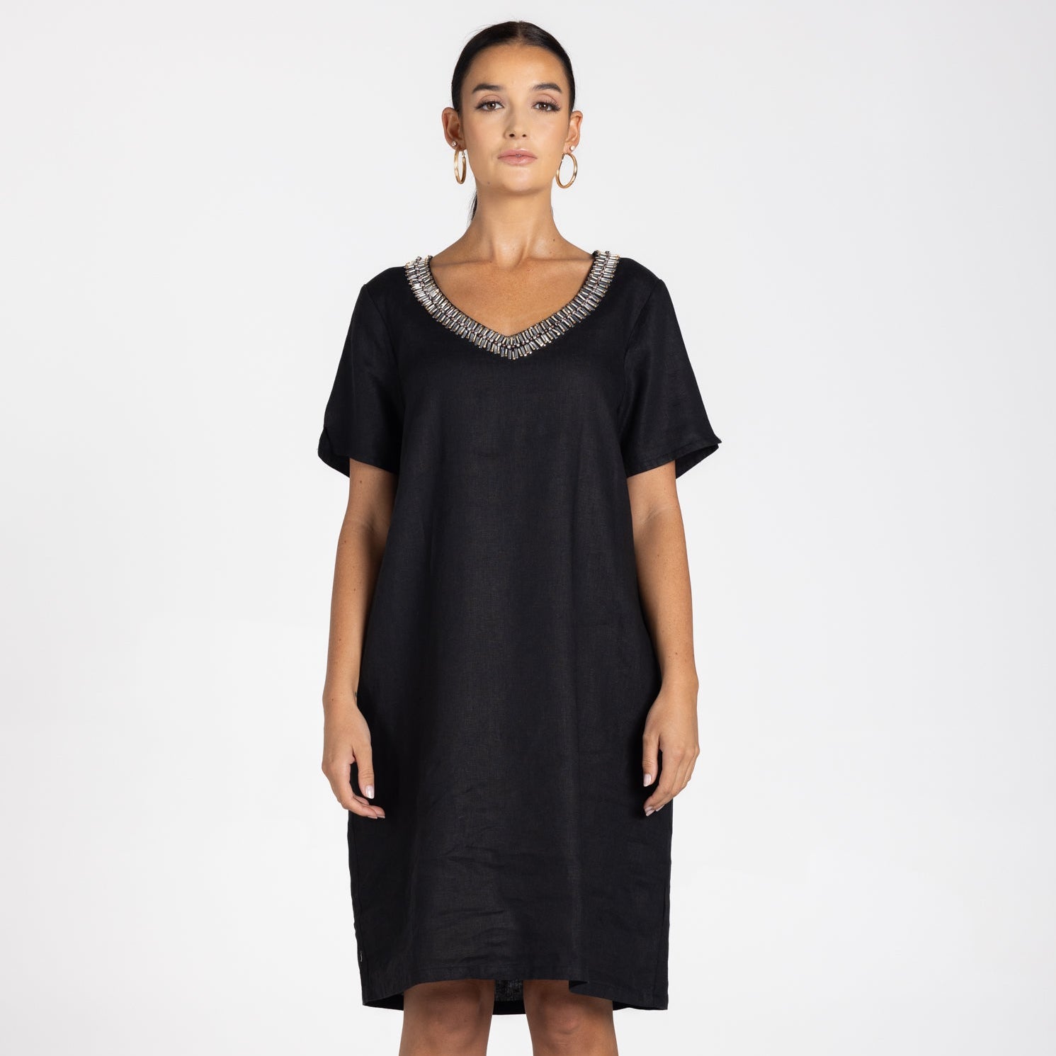 Linen V-Neck Beaded Dress by Two-T's - Black and White