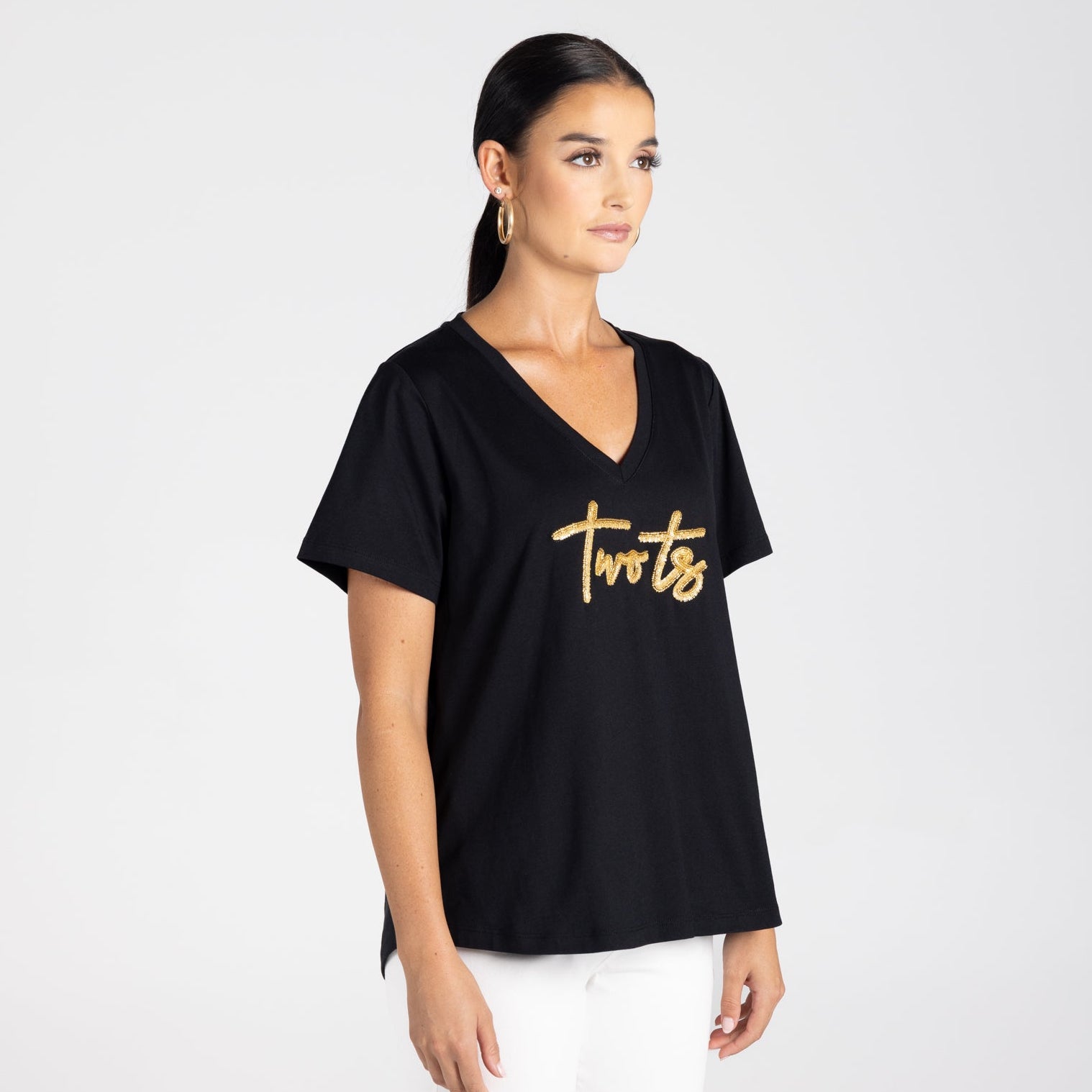 V-Neck beaded logo T shirt by Two -T's