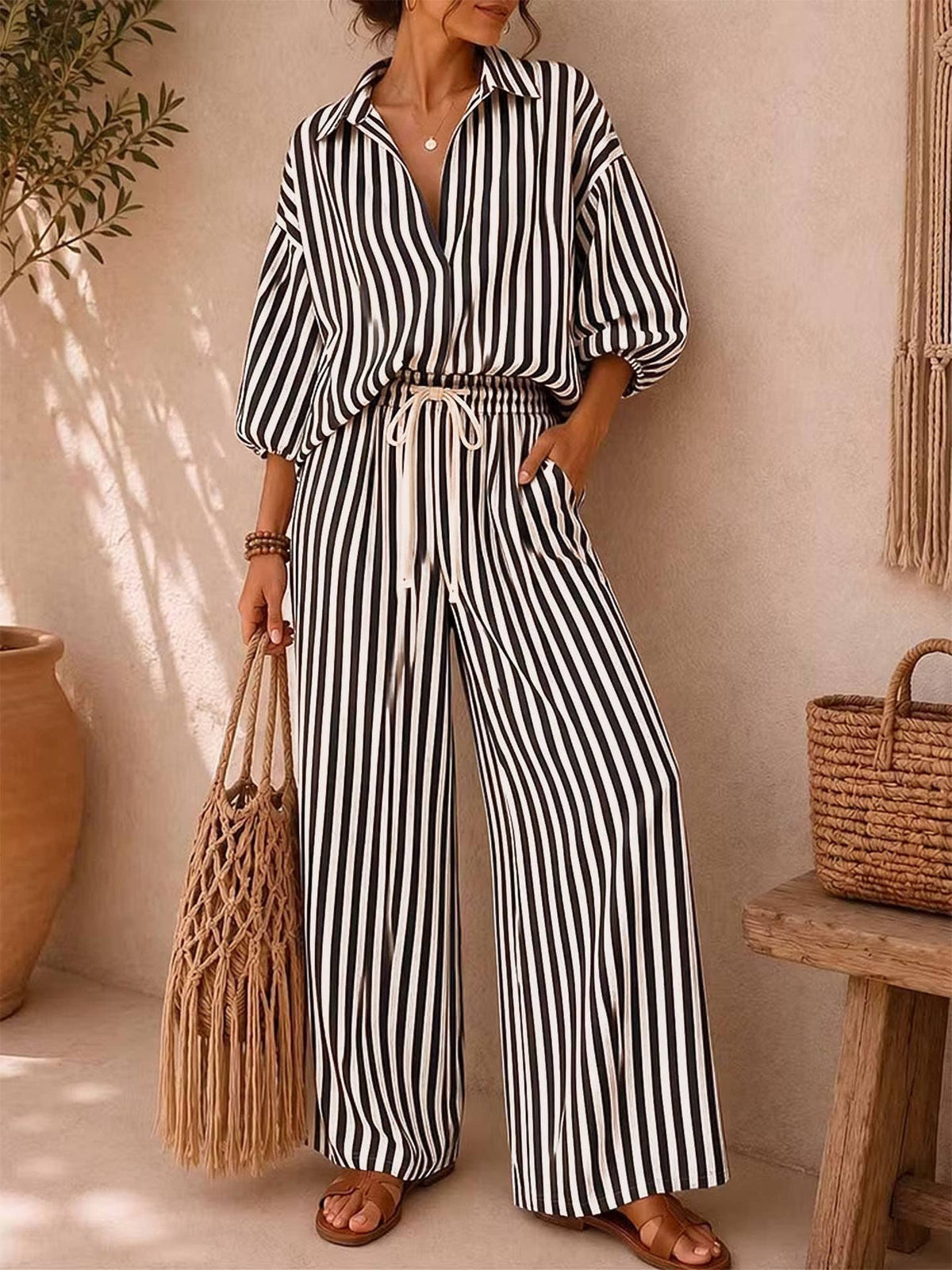 Striped Oversized Shirt Wide Leg Pants Set