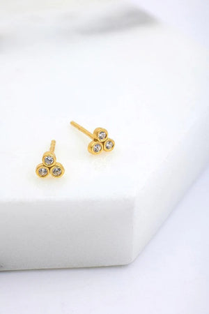 Gold stud earrings with 3 round crystals on each stud. 