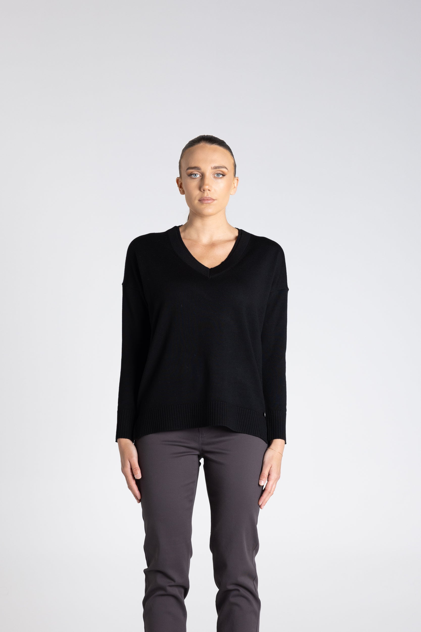 Double V Neck Sweater by Two-Ts - Black
