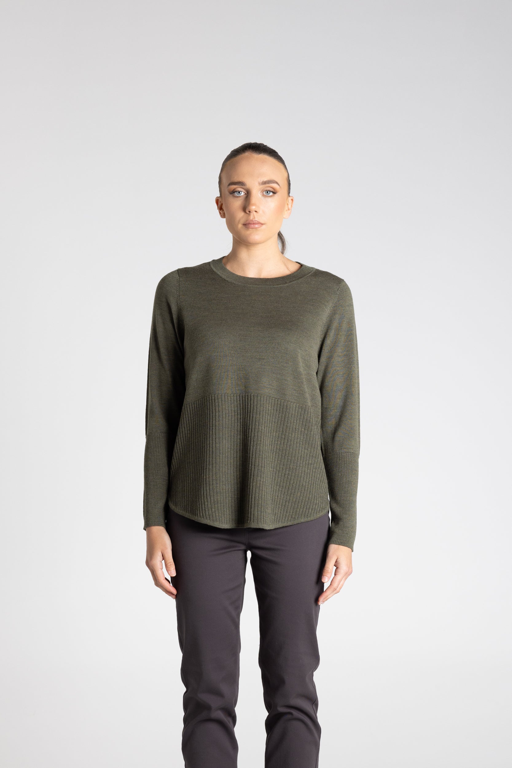 Merino Scoop Rib Hem by Two-Ts - Khaki