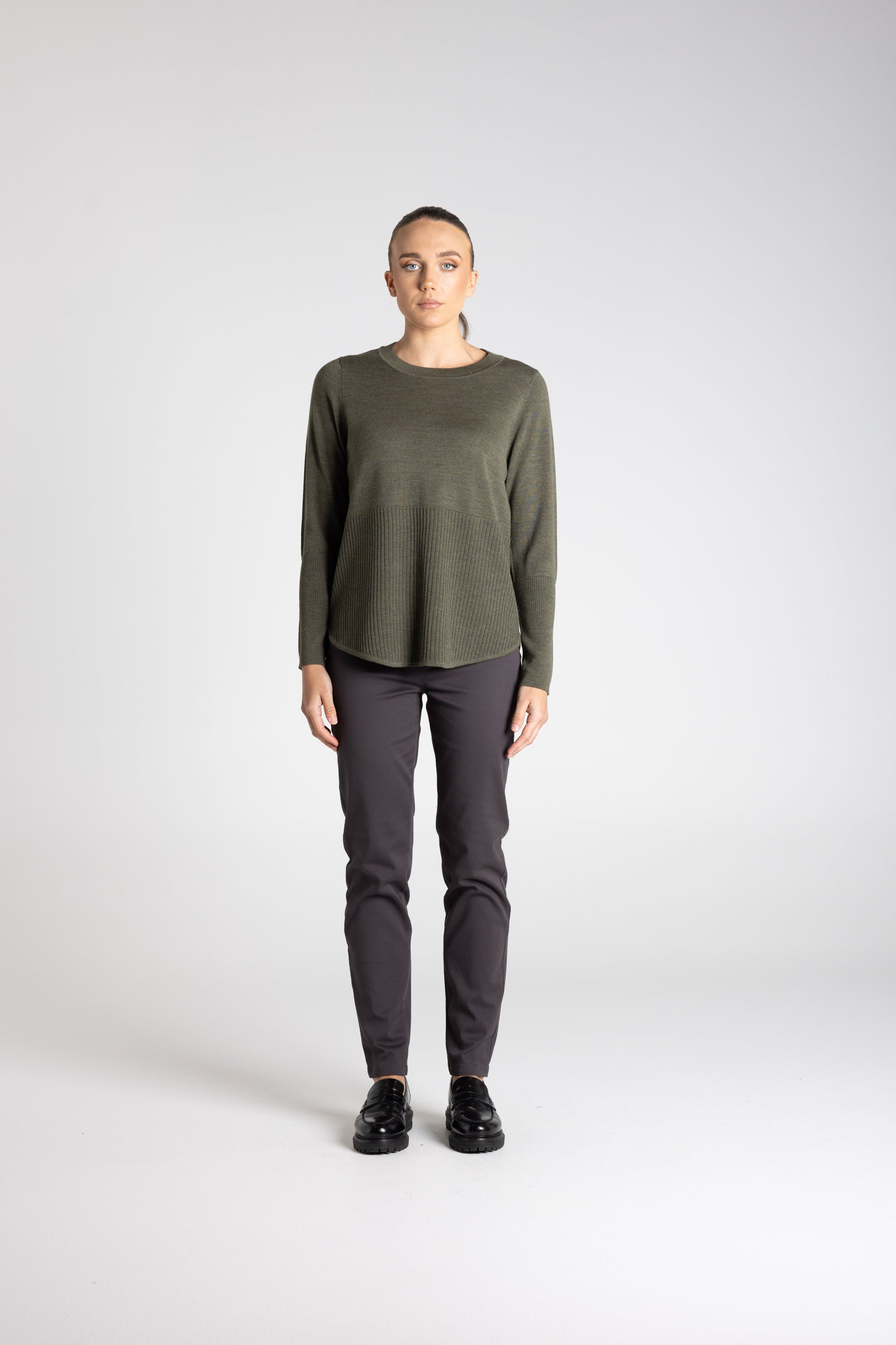 Merino Scoop Rib Hem by Two-Ts - Khaki