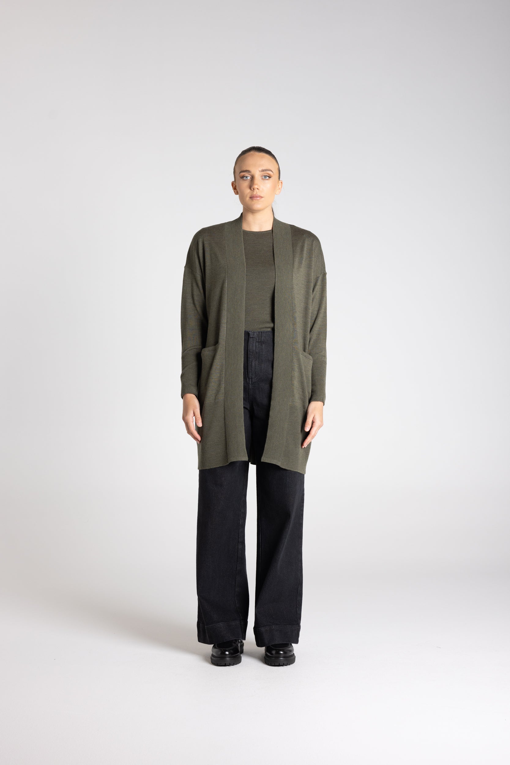 Merino Long Cardigan by Two-Ts - Khaki