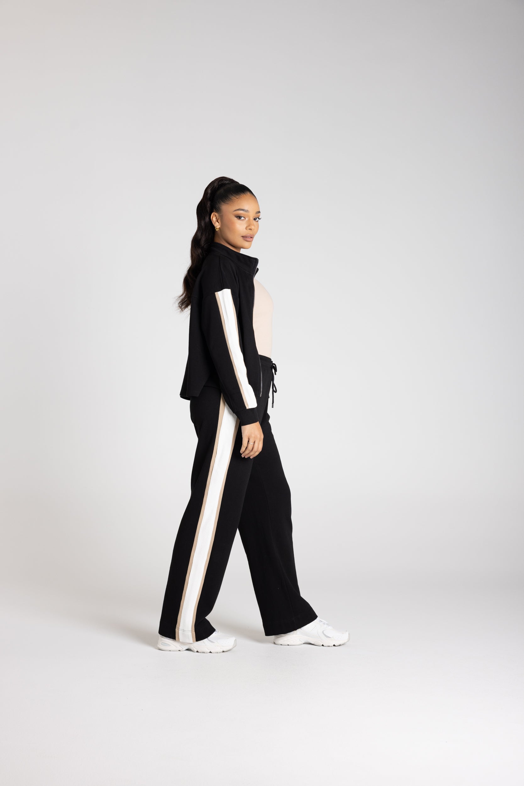 Track Pant by Two-Ts - Black w/Oat-Ivory Stripe