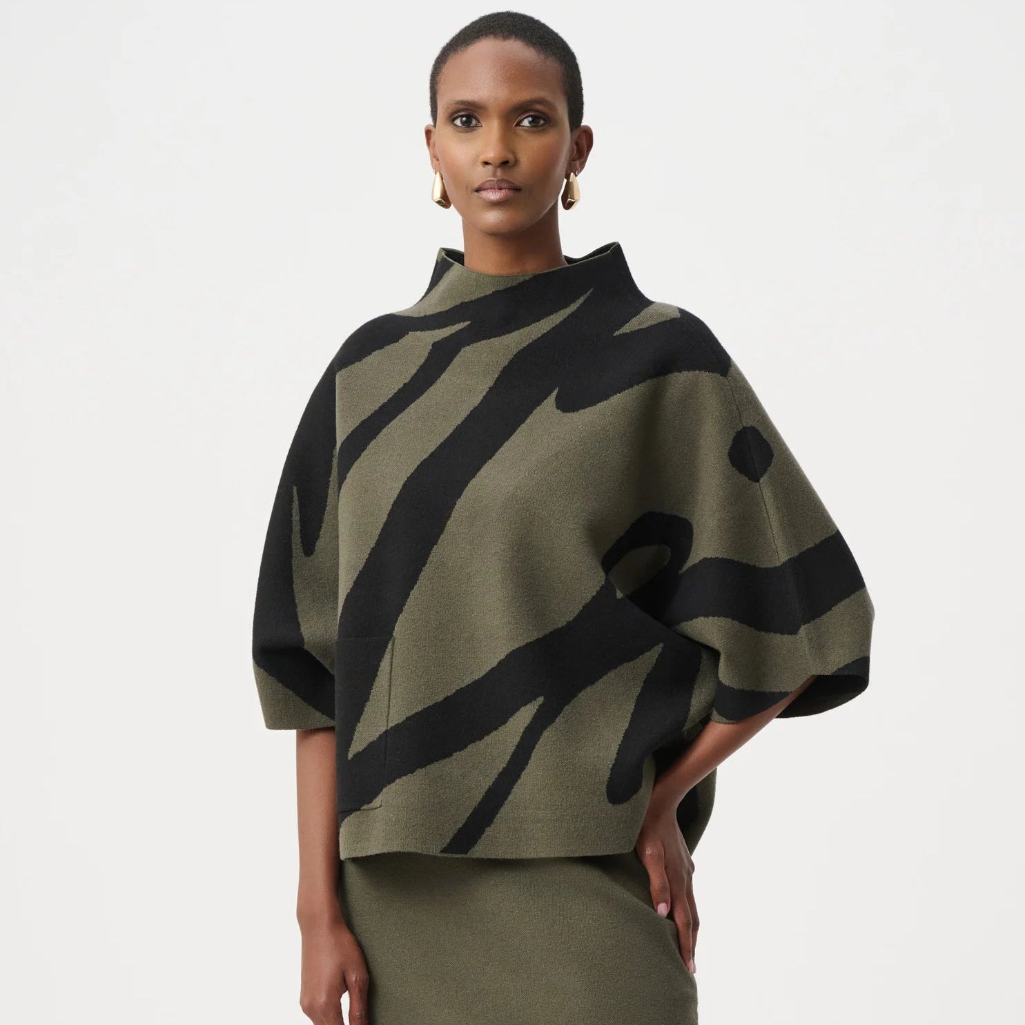 Abstract Jacquard Funnel-Neck Boxy Sweater
