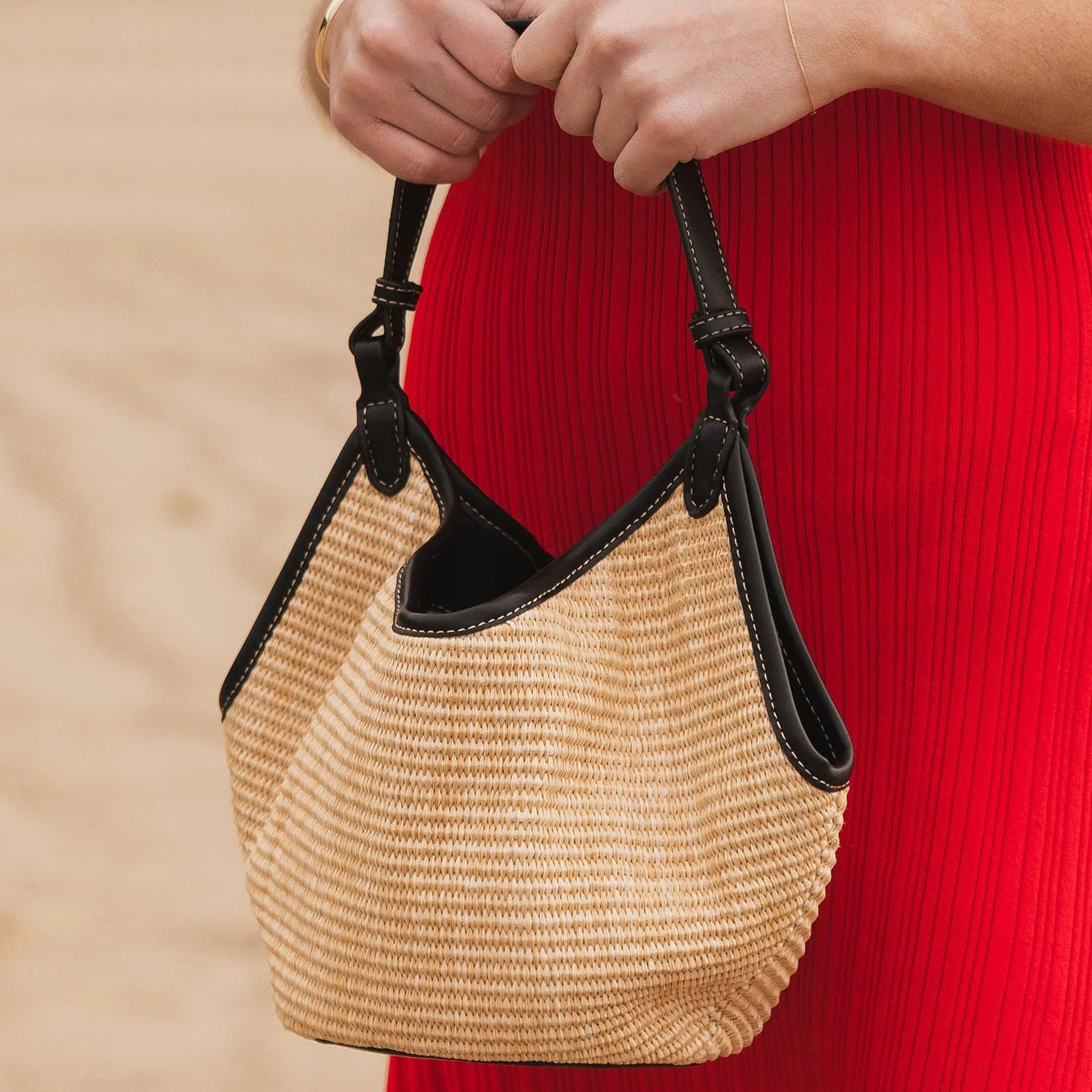 Taya Mini Tote Bag - Raffia/ Black by Louenhide