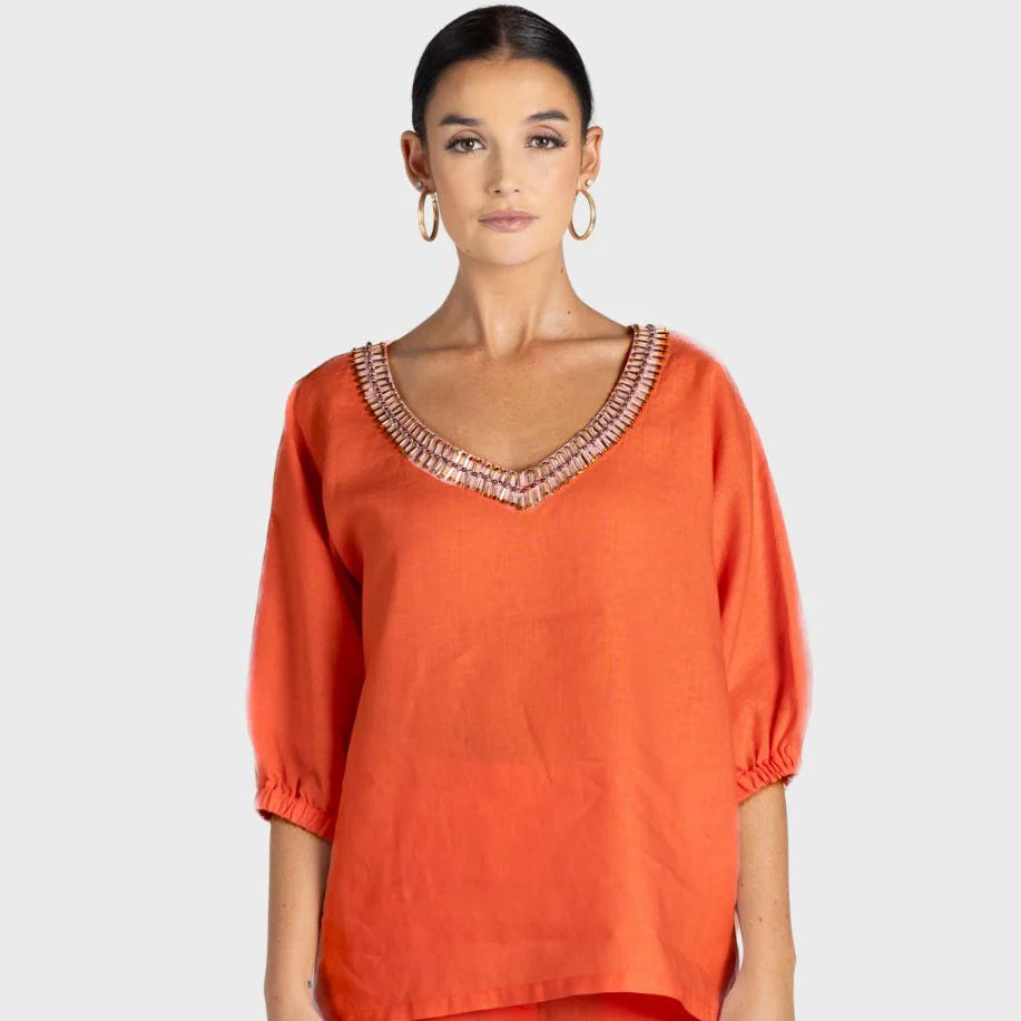 Linen V-Neck Beaded Top by Two-T's