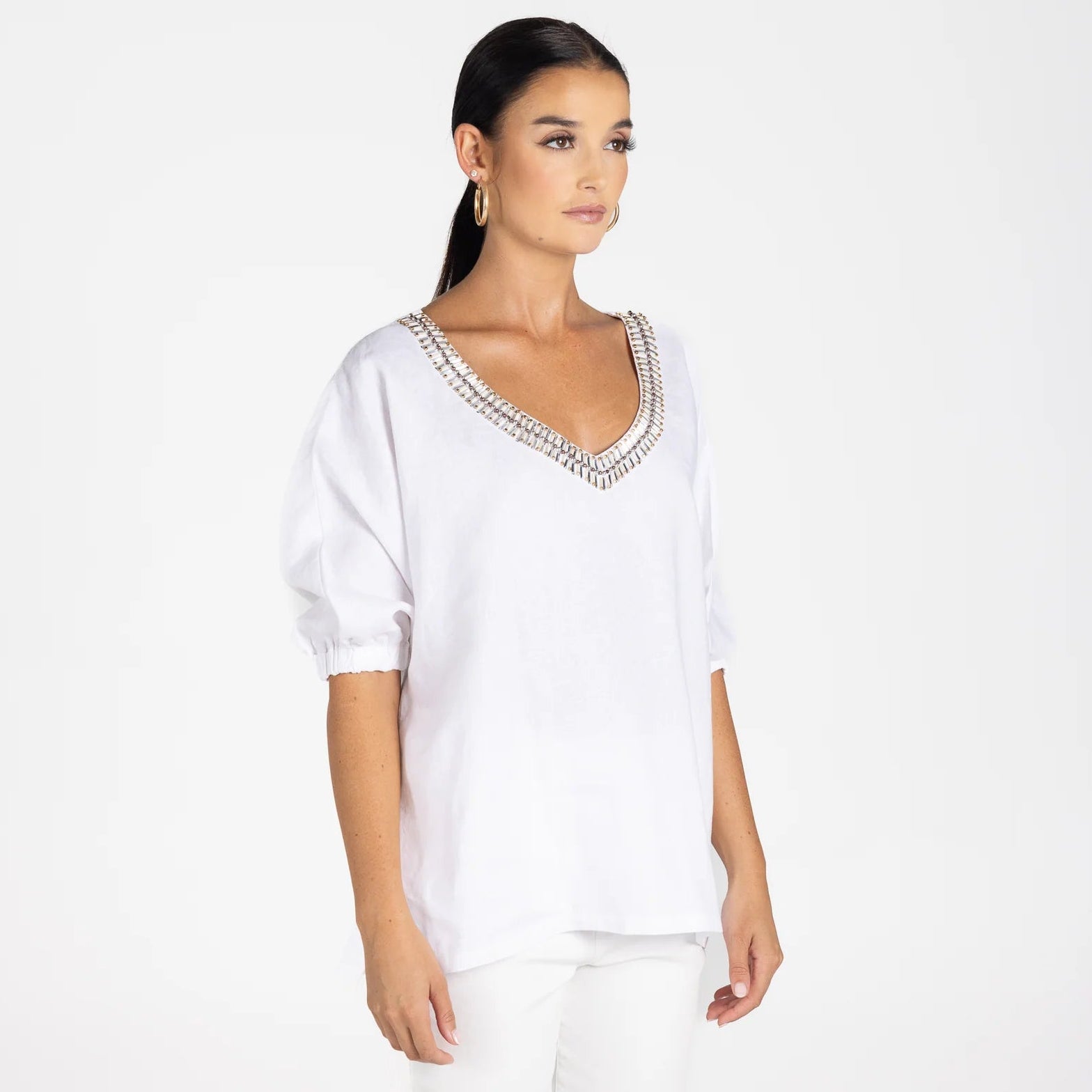 Linen V-Neck Beaded Top by Two-T's