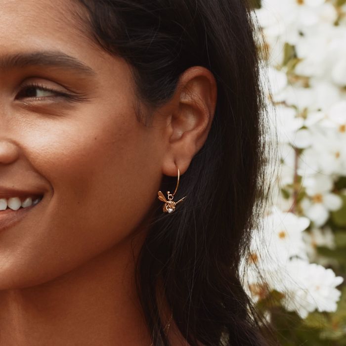 Flying Bee with Pearl Hoop Earrings by Alex Monroe - Gold Plate