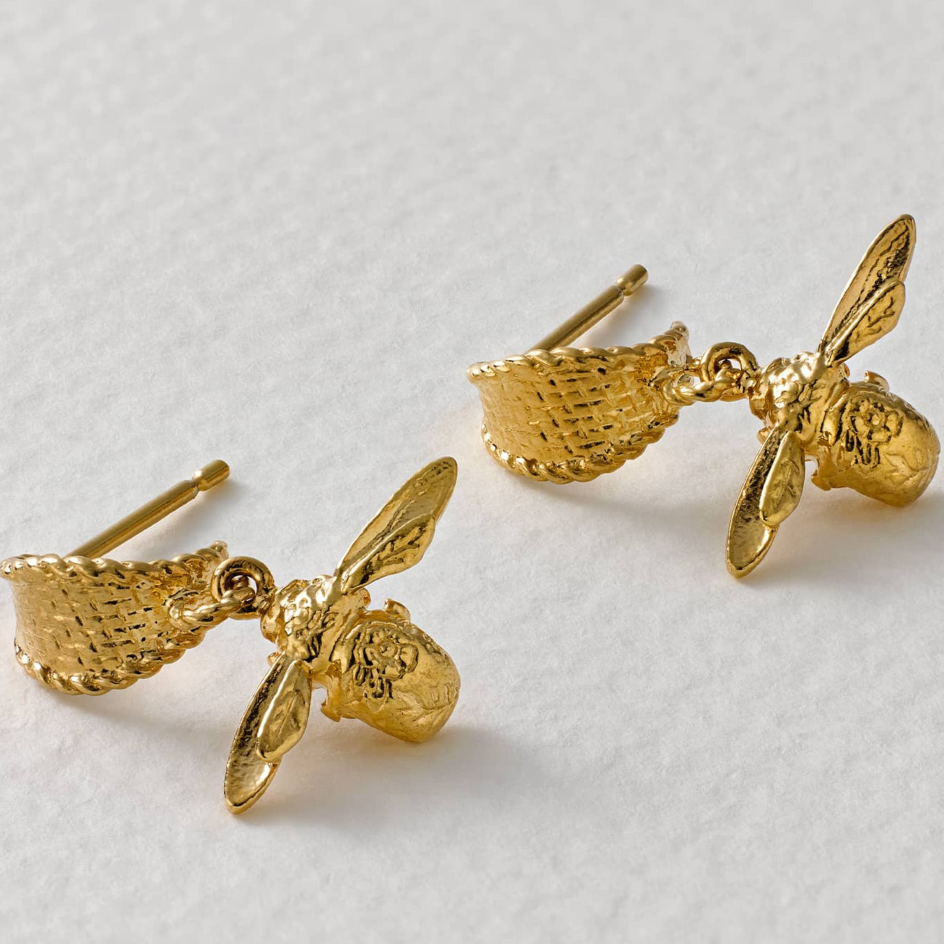 Basket Weave Huggie Hoop Earrings with Floral Engraved Inbetweeny Bee Drops by Alex Monroe