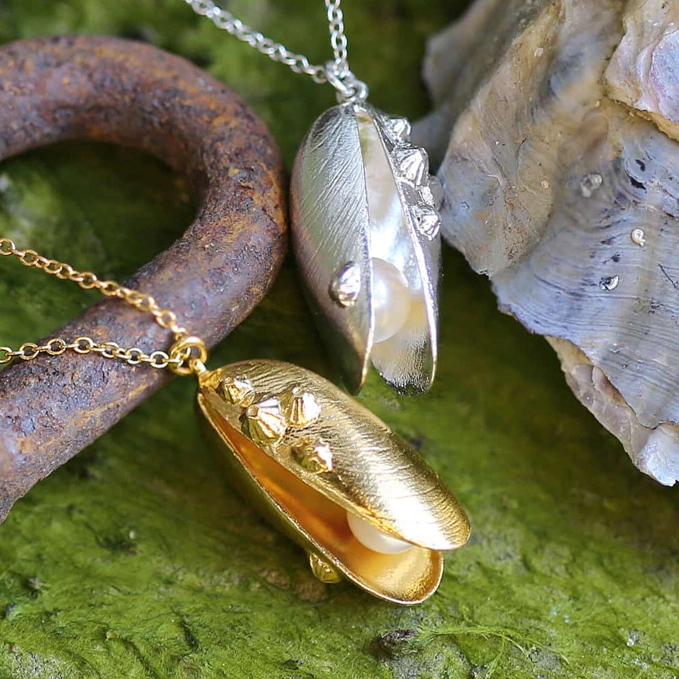 Mussel and Pearl Necklace by Alex Monroe in Gold Plate or Sterling Silver