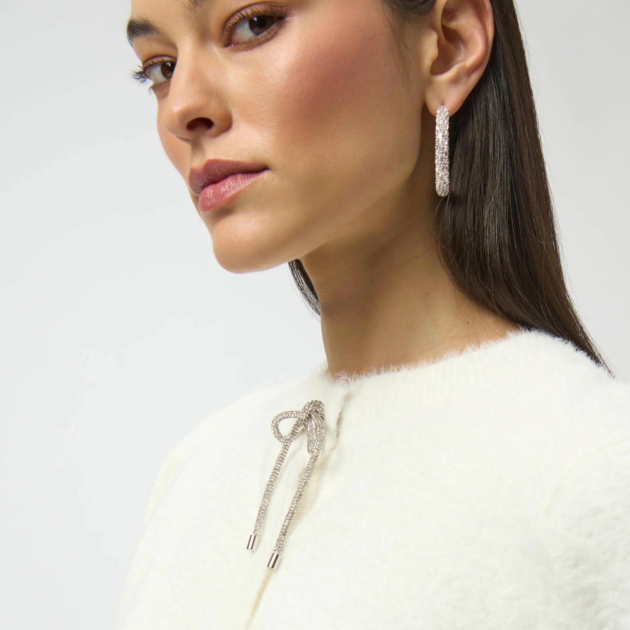 Feather Yarn Cardigan with Rhinestone Bow by Joseph Ribkoff