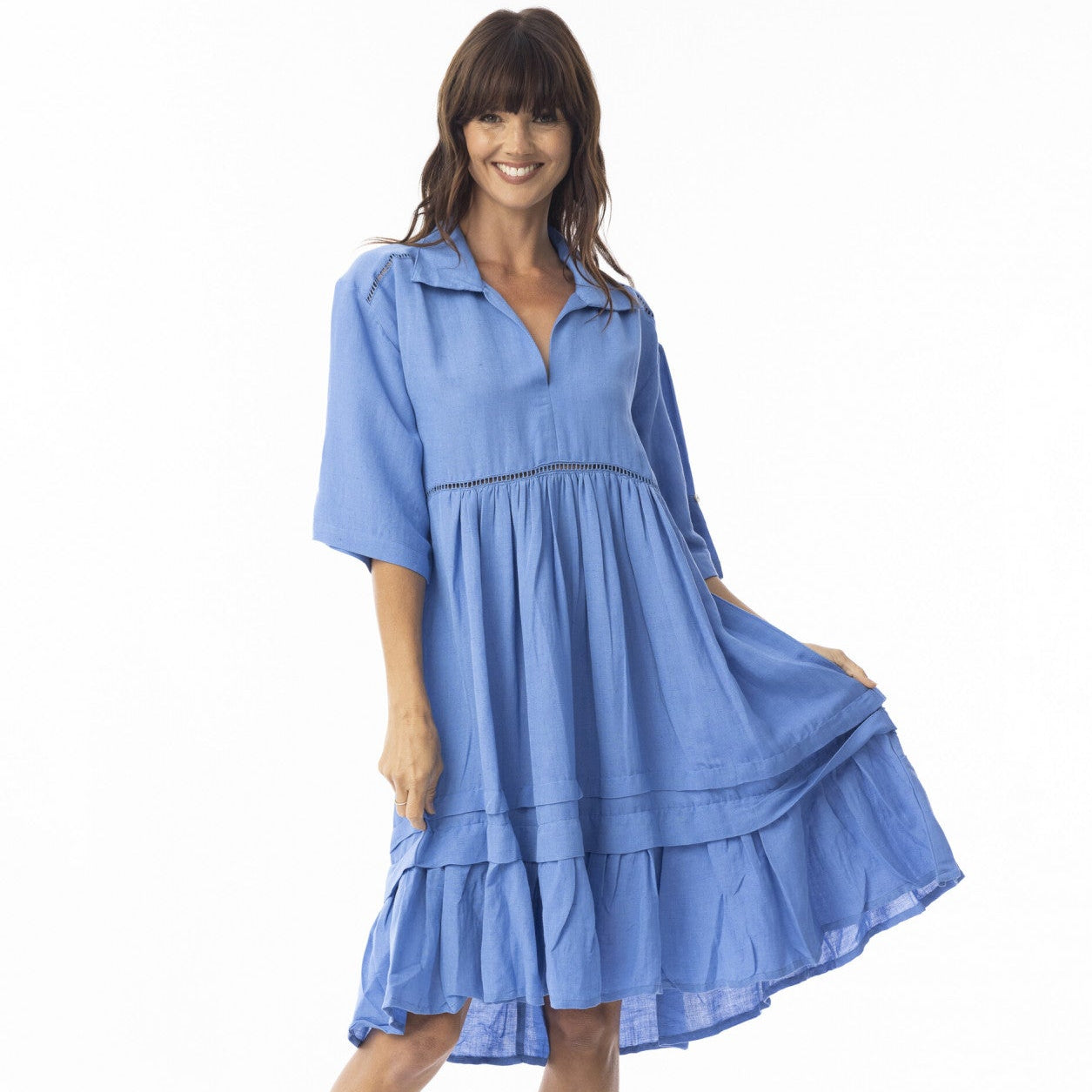 Linen Solid Dress layers 3/4 sleeve by Escape