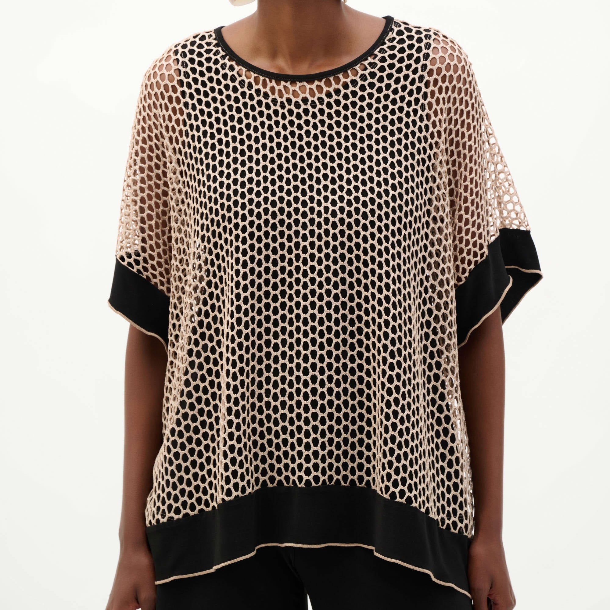 Silky Knit And Mesh Trapeze Top With Contrast Cuffs by joseph Ribkoff