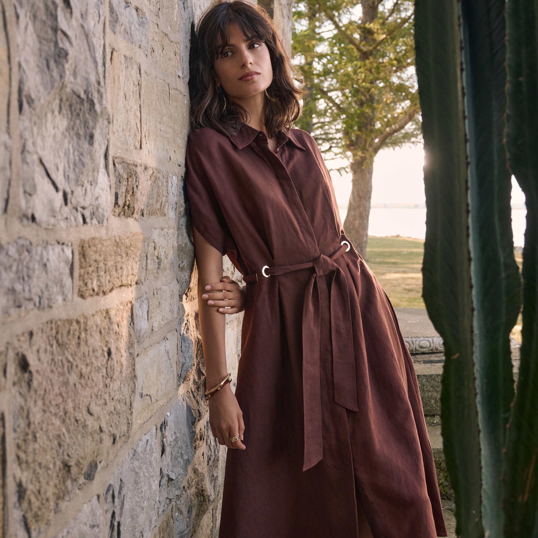 Linen Blend Fit And Flare Shirt Dress With Sash by Joseph Ribkoff