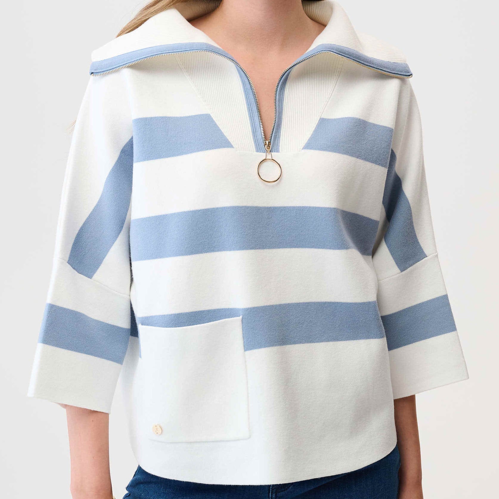 Brushed Viscose Stripe Print Boxy Sweater with Zipped Collar by Joseph Ribkoff