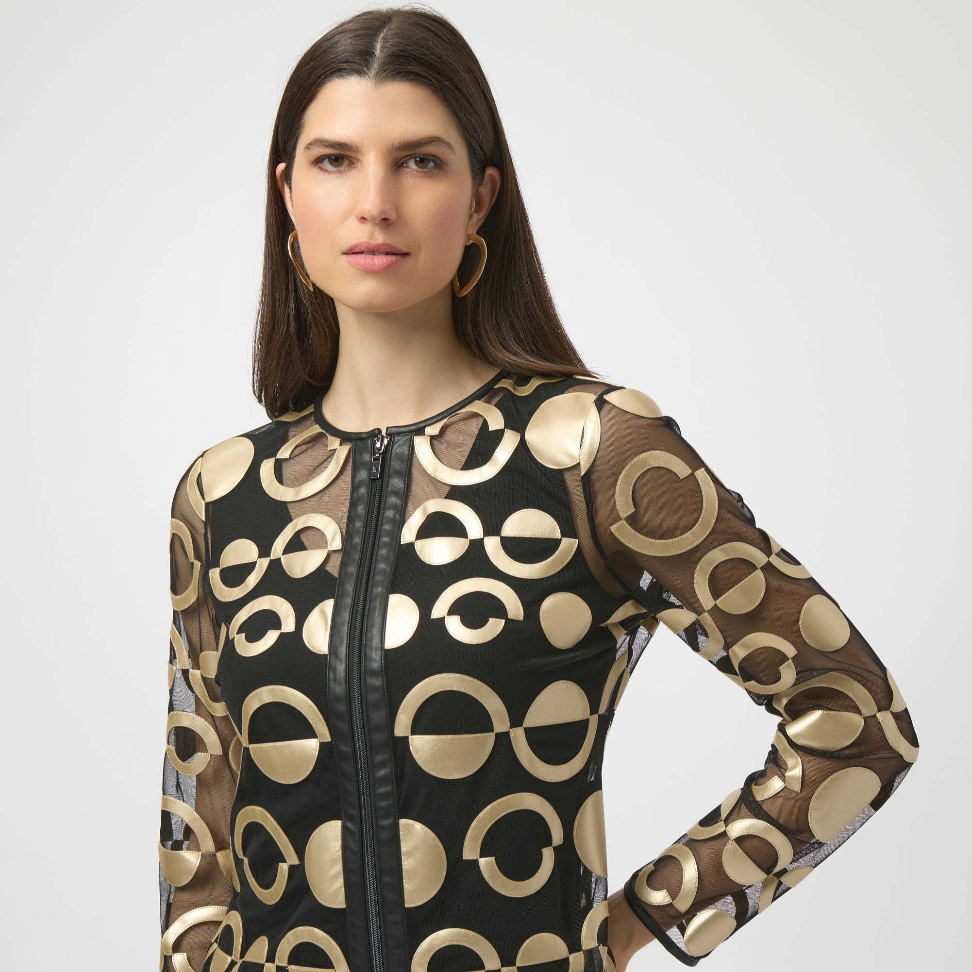 Mesh and Leatherette Collarless Jacket by Joseph Ribkoff