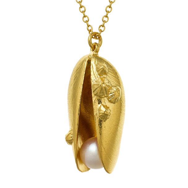 Mussel and Pearl Necklace by Alex Monroe in Gold Plate or Sterling Silver