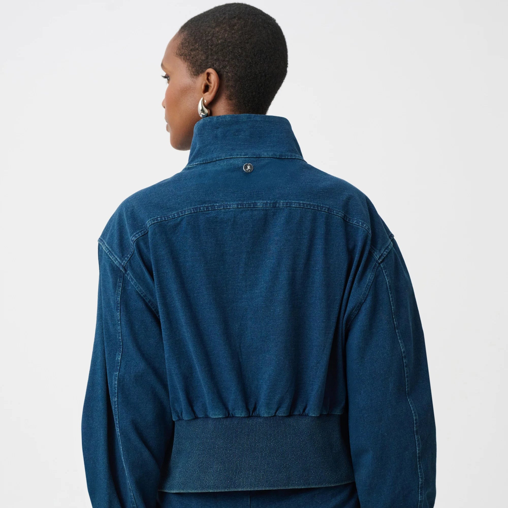 Knit Denim Funnel-Neck Bomber Jacket