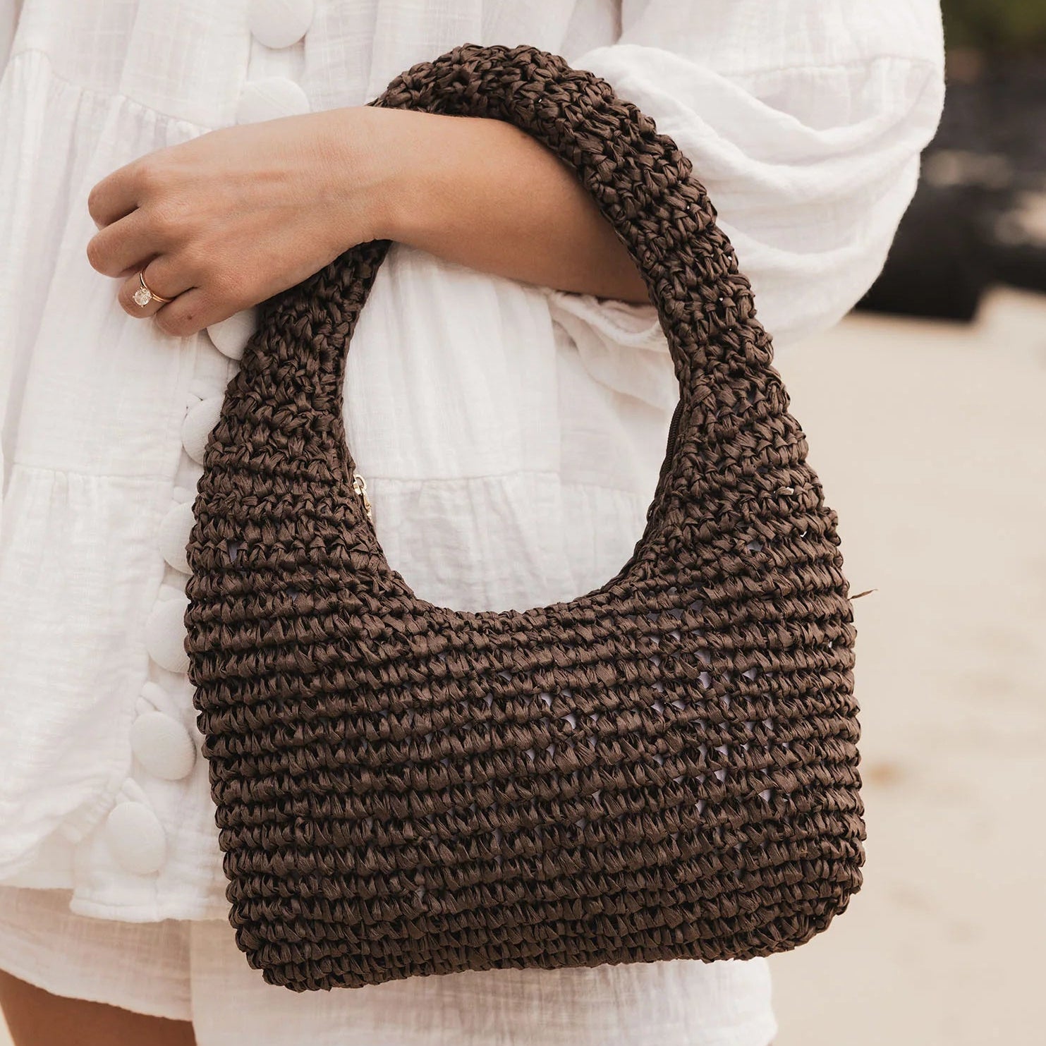 Nellie Shoulder Bag - Raffia Chocolate by Louenhide