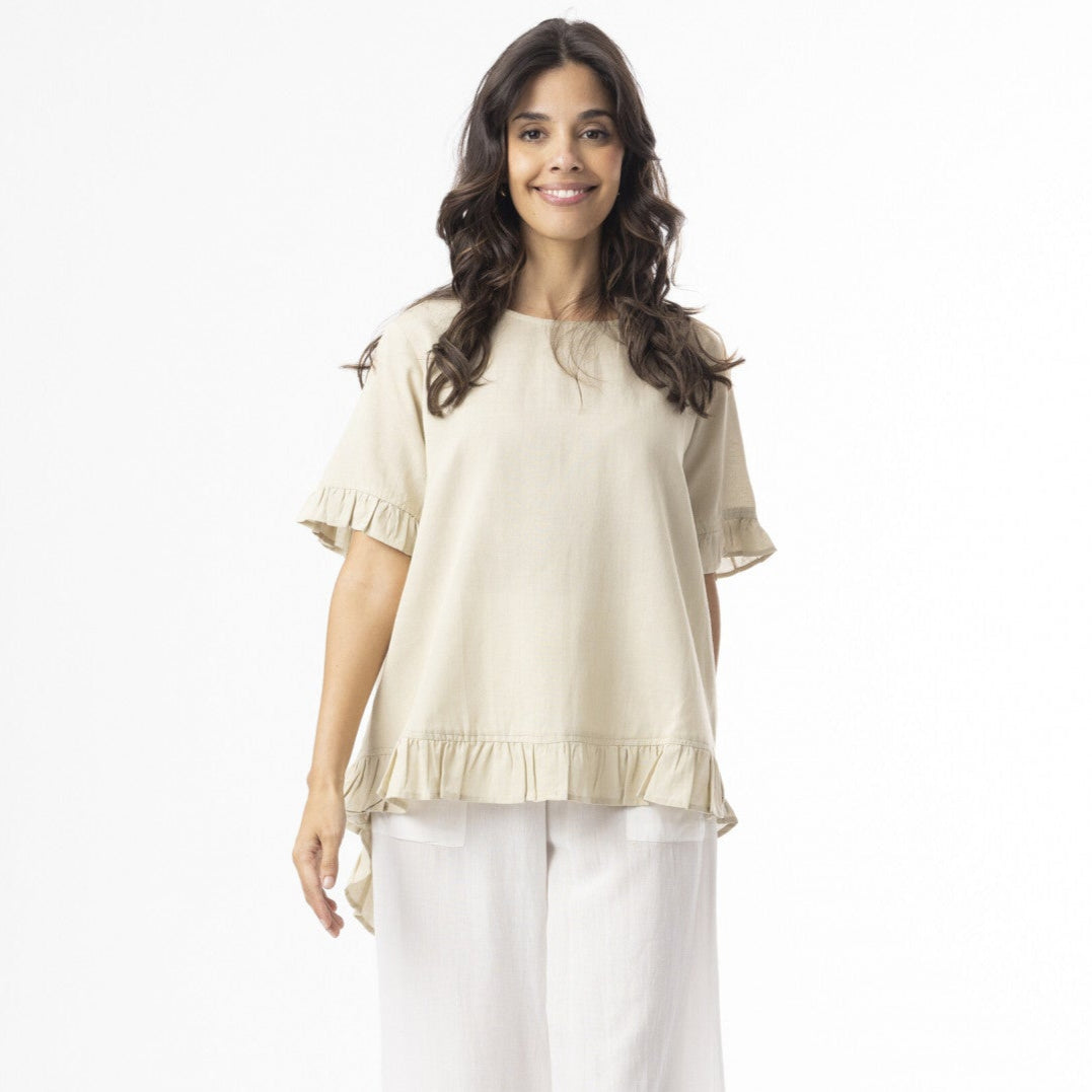 Linen essentials top frill by Orientique - Sand