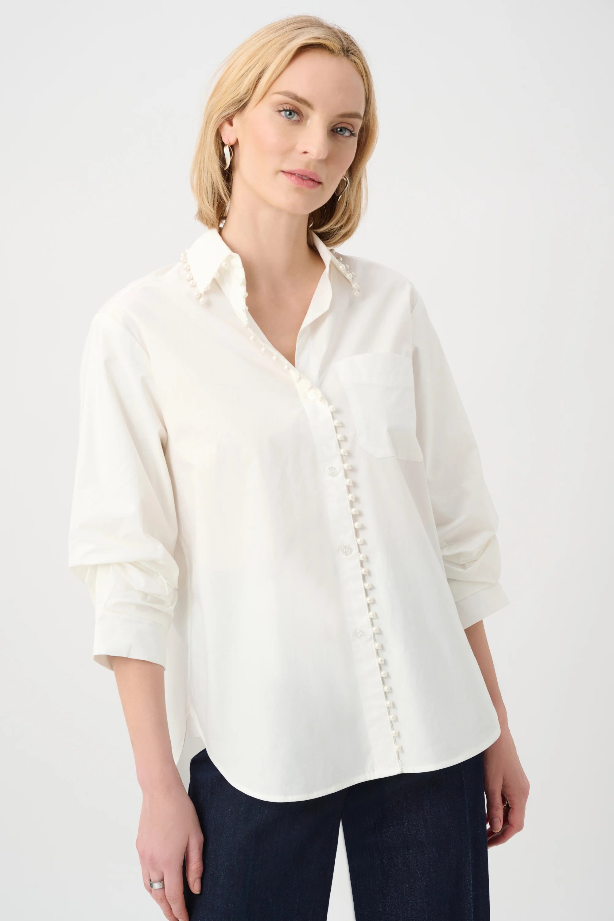 Cotton Poplin Pearl Trim Boxy Blouse by Joseph Ribkoff