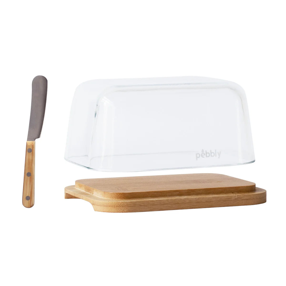 Glass butterdish with spreader by Pebbly - Bamboo and glass