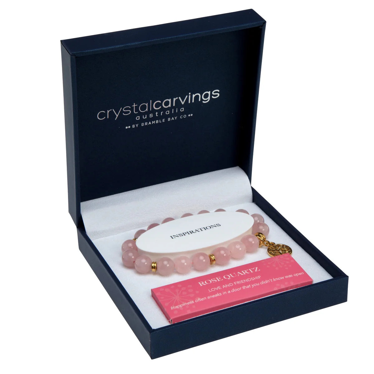 Rose Quartz Tree Of Life gold charm bracelet by Bramble Bay