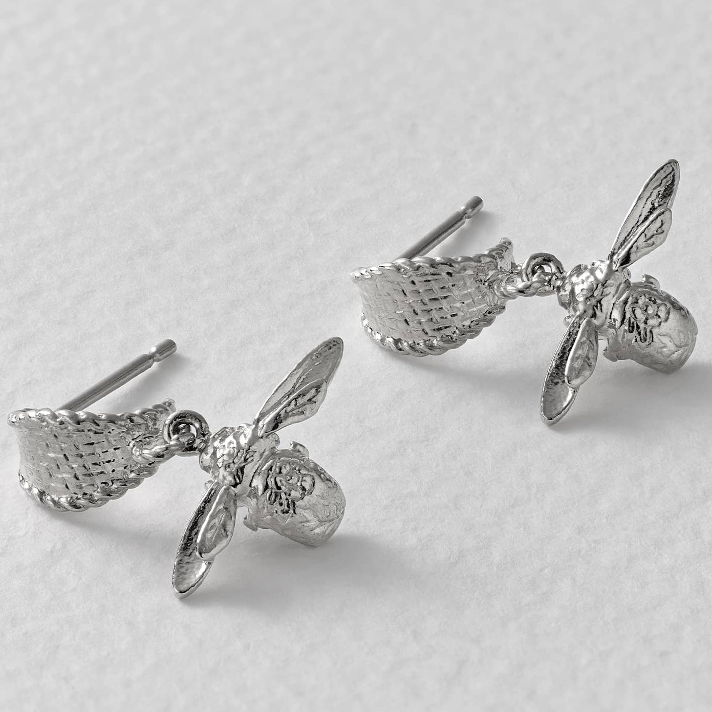 Basket Weave Huggie Hoop Earrings with Floral Engraved Inbetweeny Bee Drops by Alex Monroe